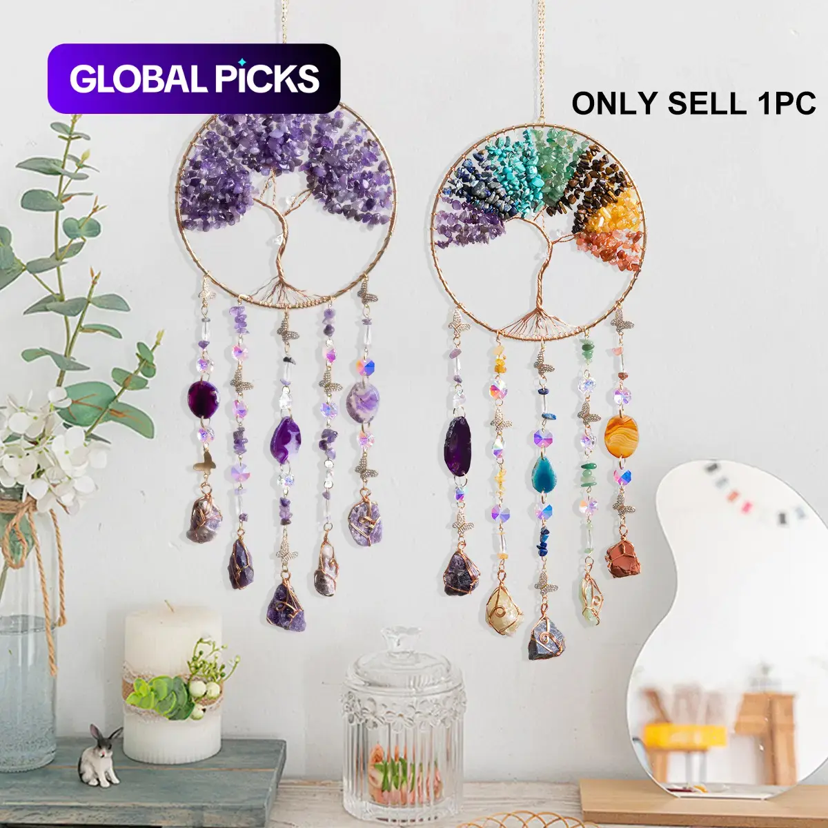 Handmade Bohemian Tree of Life Dream Catcher & Sun Catcher, Crystal & Gemstone Wind Chime, Nature-Inspired Tree Shape, Ideal Gift for Home Hanging Decoration, Room Decorations, Mother's Day, Birthday & Housewarming #GLOBAL PICKS