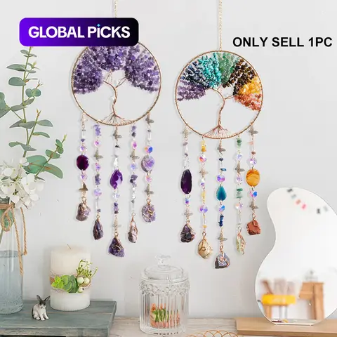 Handmade Bohemian Tree of Life Dream Catcher & Sun Catcher, Crystal & Gemstone Wind Chime, Nature-Inspired Tree Shape, Boho Decor, Ideal Gift for Home Hanging Decoration, Room Decorations, Mother's Day, Birthday & Housewarming #GLOBAL PICKS