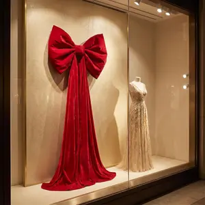 Long Hanging Ribbon Velvet Large Bow, Wedding Engagement Valentine's Day Party Window Display Decor, Elegant Atmosphere Enhancer