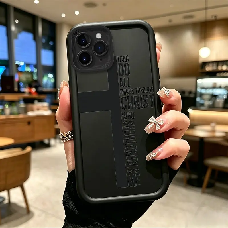 iPhone 11 Pro Protective Phone Case - Durable Shockproof TPU Casing, Black Cross "Christ Strengthens Me" Design, Celestial Eye Layered Handheld Button Cover (Mobile Phone Accessories)