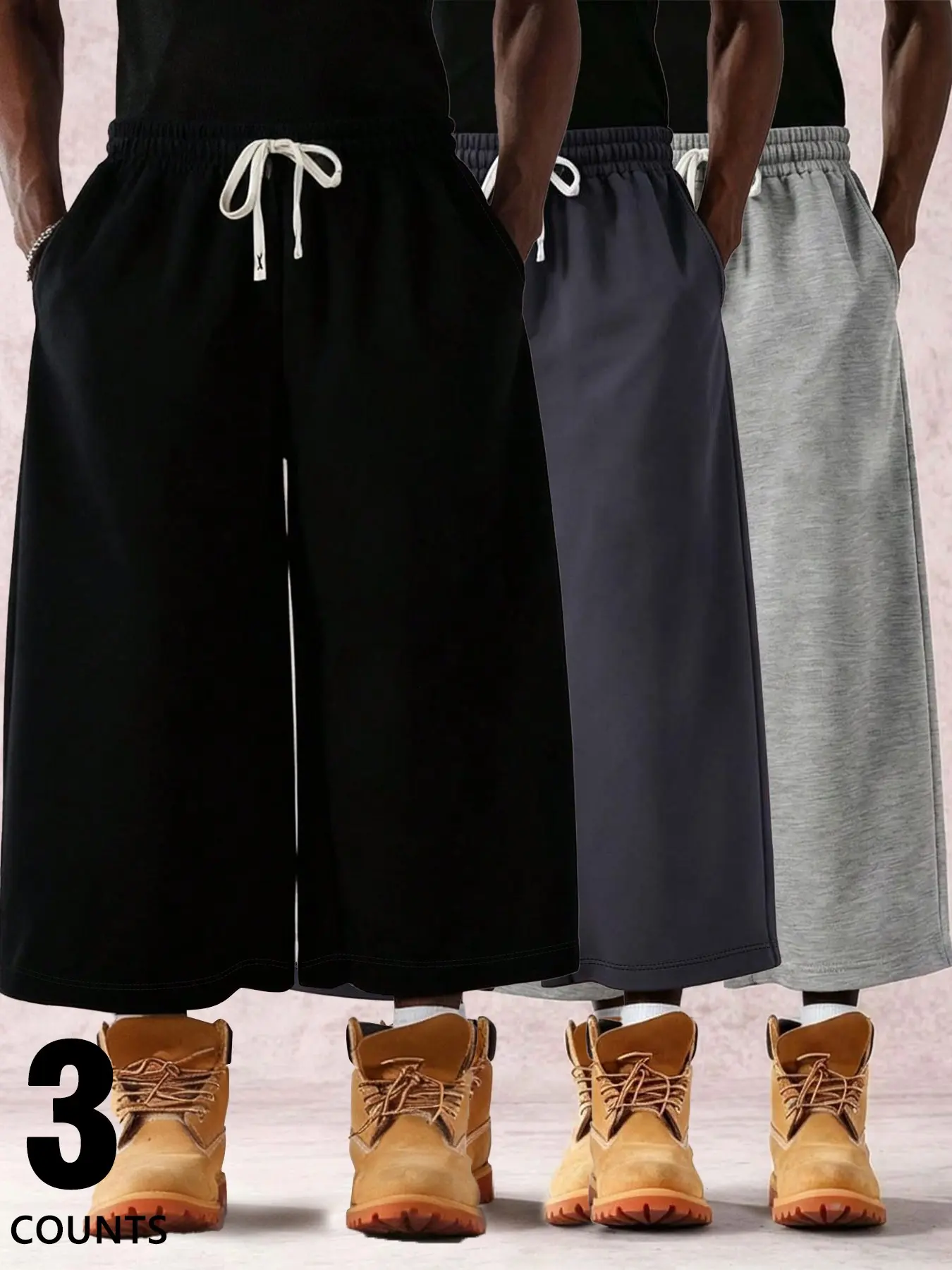 3-Pack Men's Cropped Wide-Leg Sweatpants, Activewear Bottoms, Loose-Fitting Street Style Drawstring Elastic Waist, Casual Cropped Pants, Athletic Casual Pants, Suitable for Everyday Fitness and Sportswear.