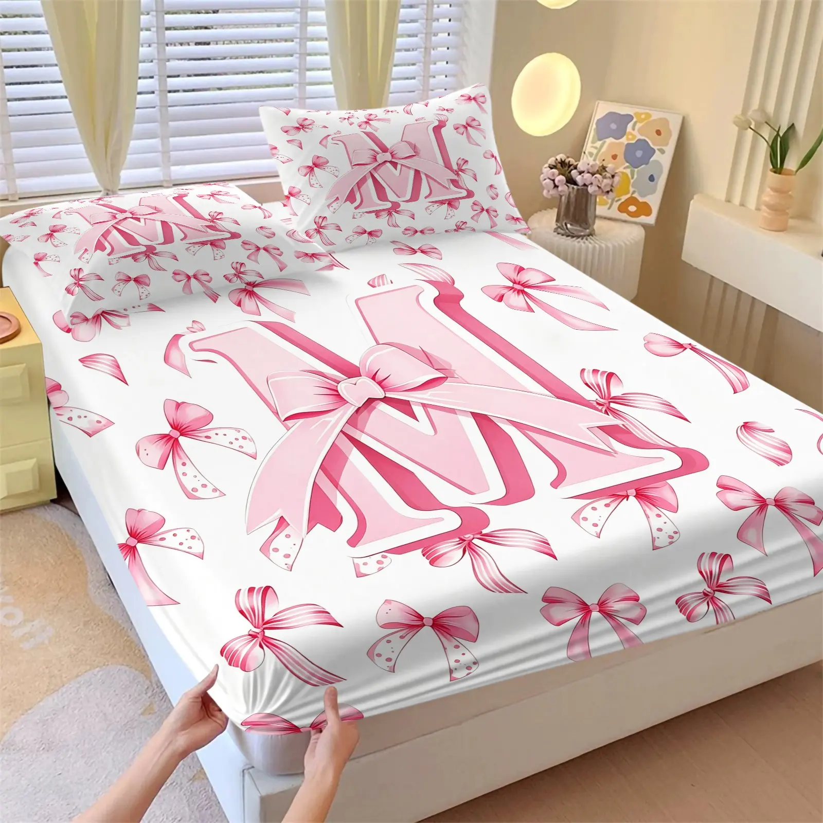 3-Piece Custom Initial M Pink Bow Print Fitted Sheet Set,1 Fitted Sheet+2 Pillowcases,Soft Cozy Fabric,All Season HD Printed,Deep Pocket Non Slip Bed Cover,Easy Care Personalized Bedding for Bedroom & Holiday Present