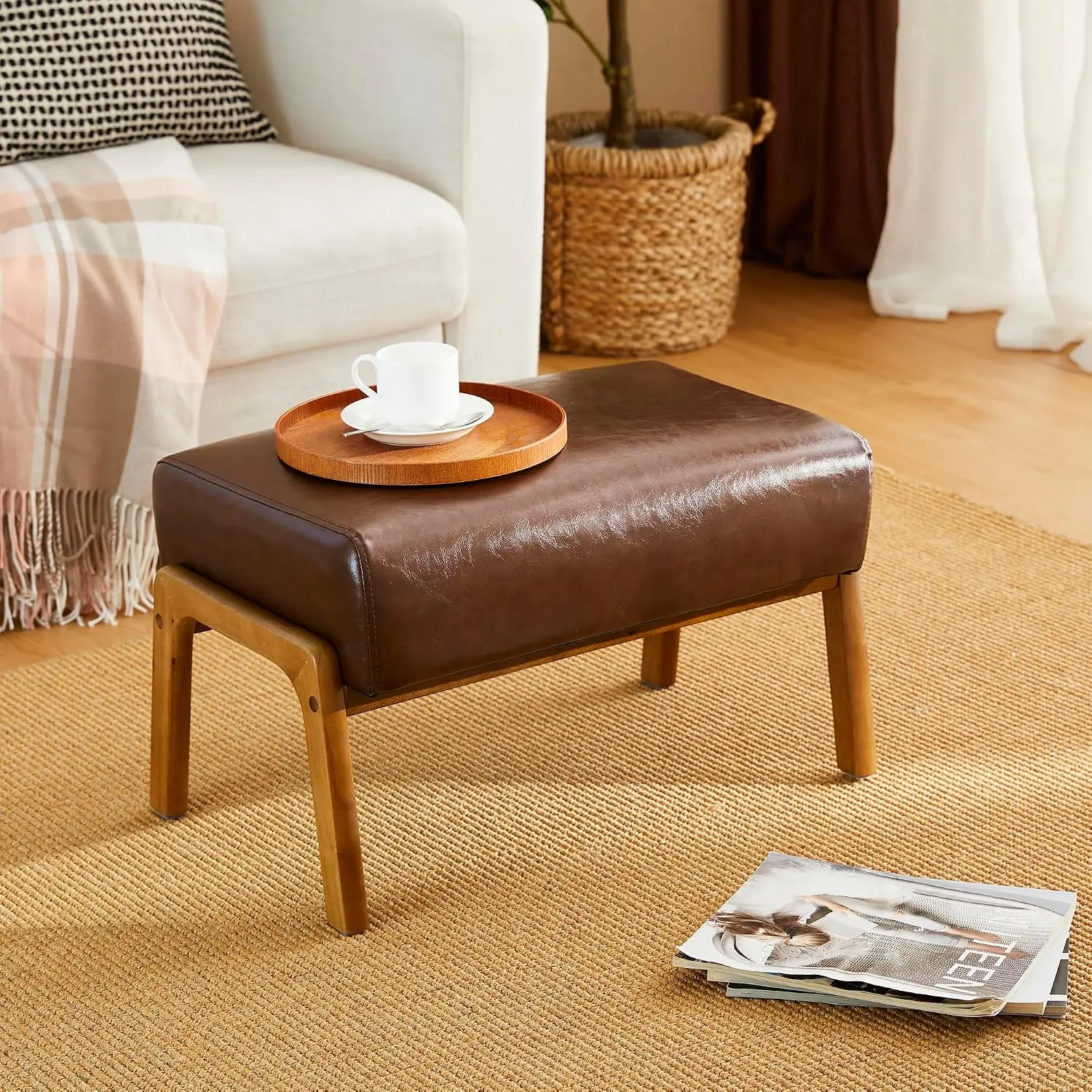 Rectangle Ottoman Bench, Modern Coffee Leatherette Footstool with Walnut Rubberwood  for Living Room, Bedroom