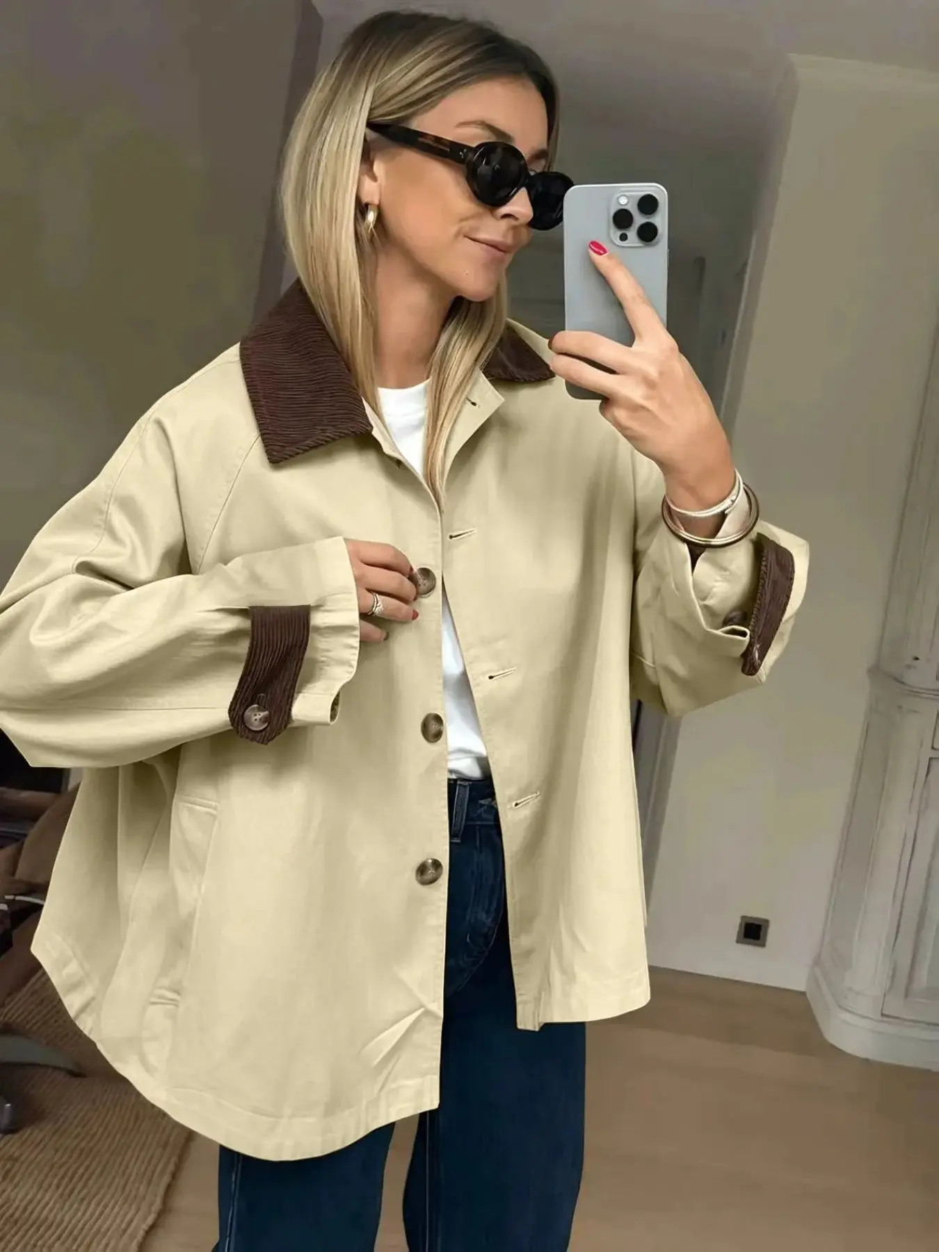 Vintage Loose Fit French Style Short Jacket, Turn-Down Collar Colorblock Coat, Versatile Spring Fall Women's Workwear Jacket, Casual Lightweight Jacket