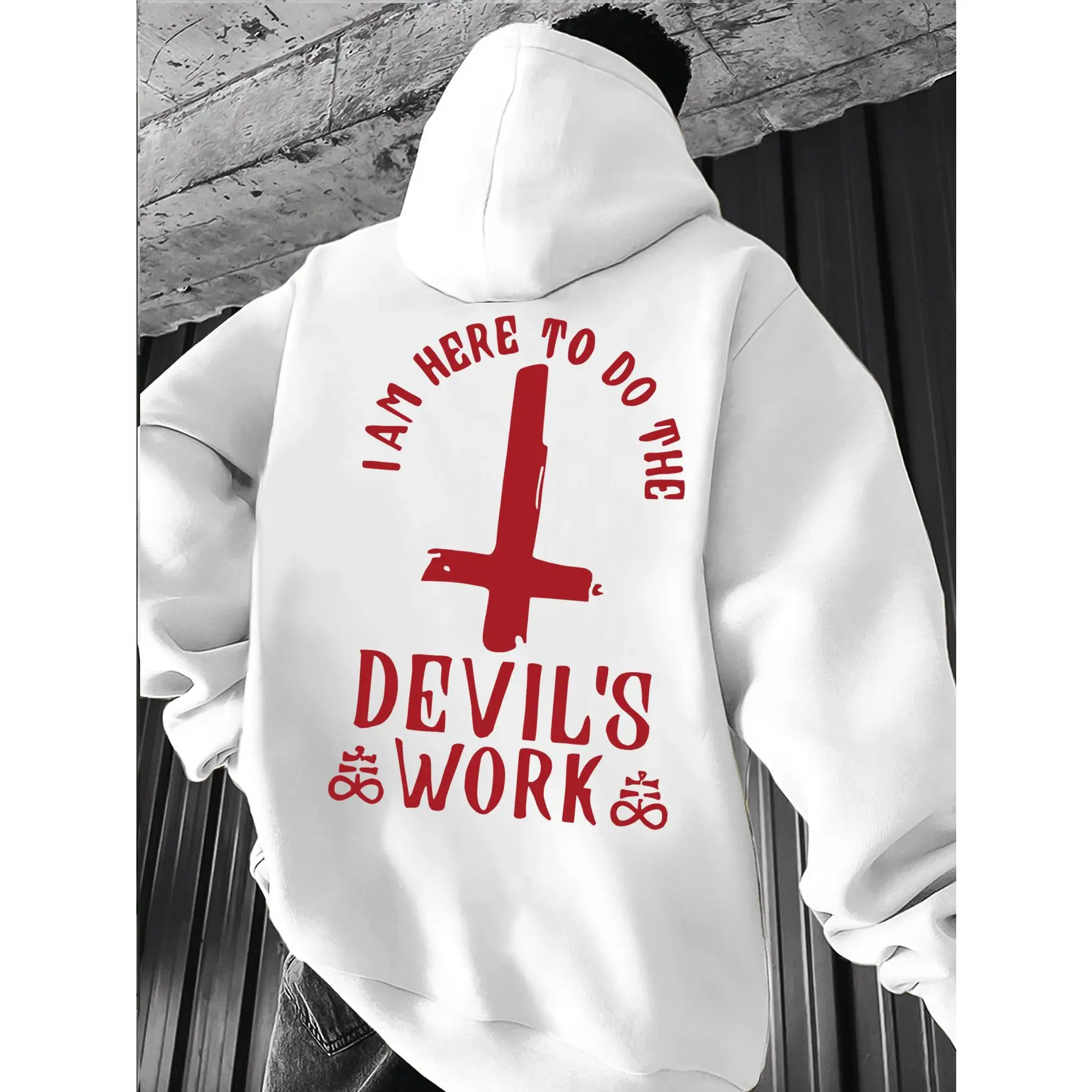 Men's Gothic Dark Red Hoodie with Pentagram & "Devil's " Back Print - Heavy Metal Inspired Casual Pullover, Adjustable Hood & Kangaroo Pocket Streetwear Sweatshirt for Fans
