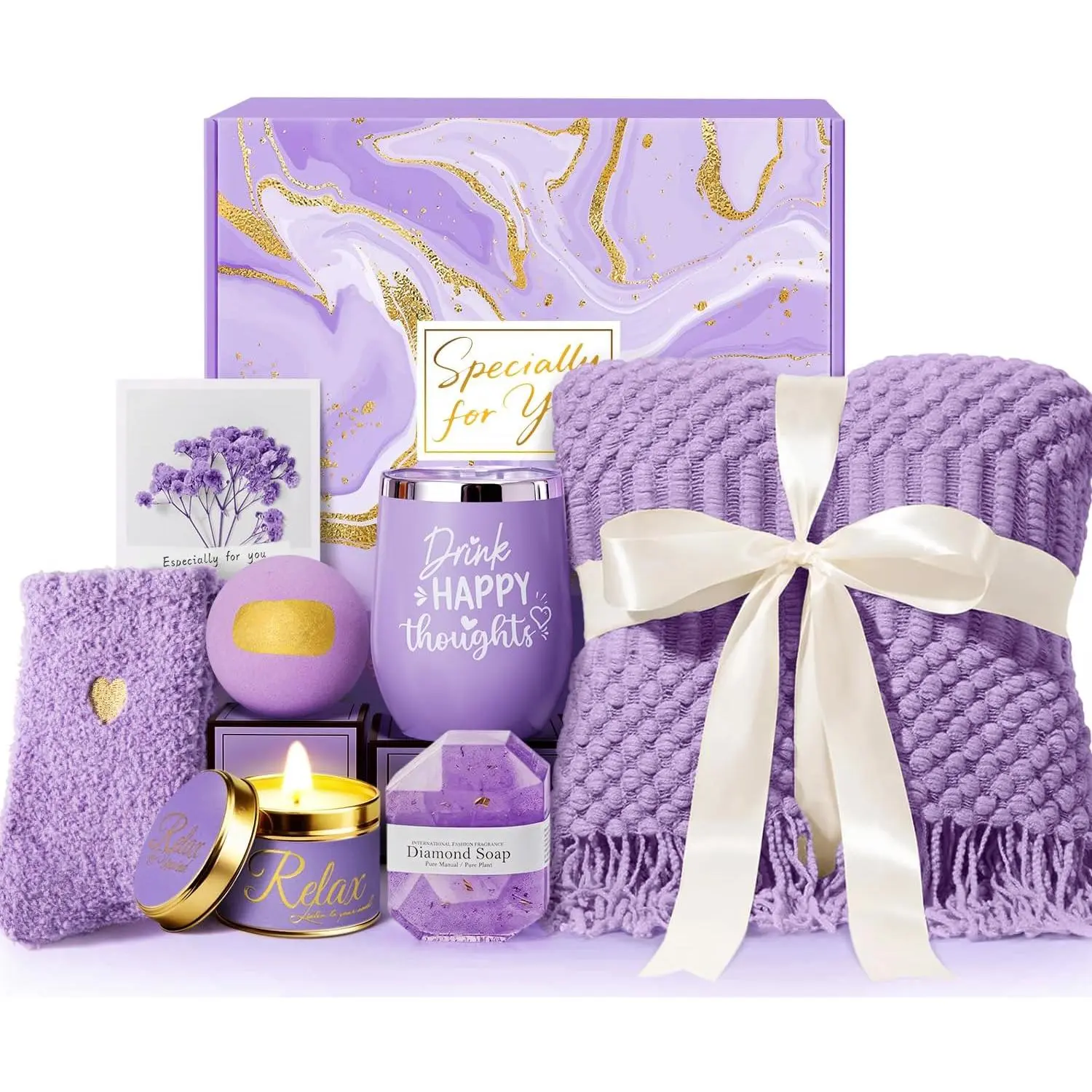 Self Care Get Well Soon Gifts Lavender Relaxing Spa Gift Basket with Blanket Christmas Birthday Gifts for Women Mom Wife Thinking of You Gifts for Grandma Sister Daughter Girlfriend Her