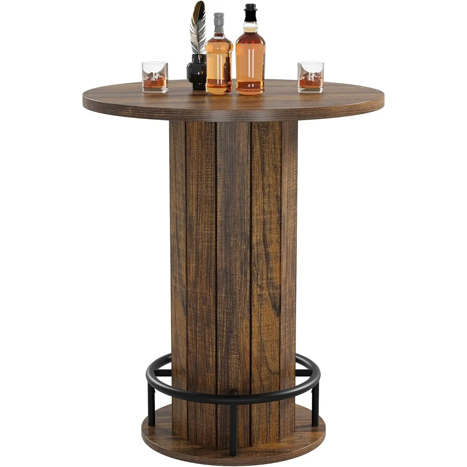 Round Bar Table – Wood Bistro Pub Table with Metal Ring Footrest – Tall Cocktail Table