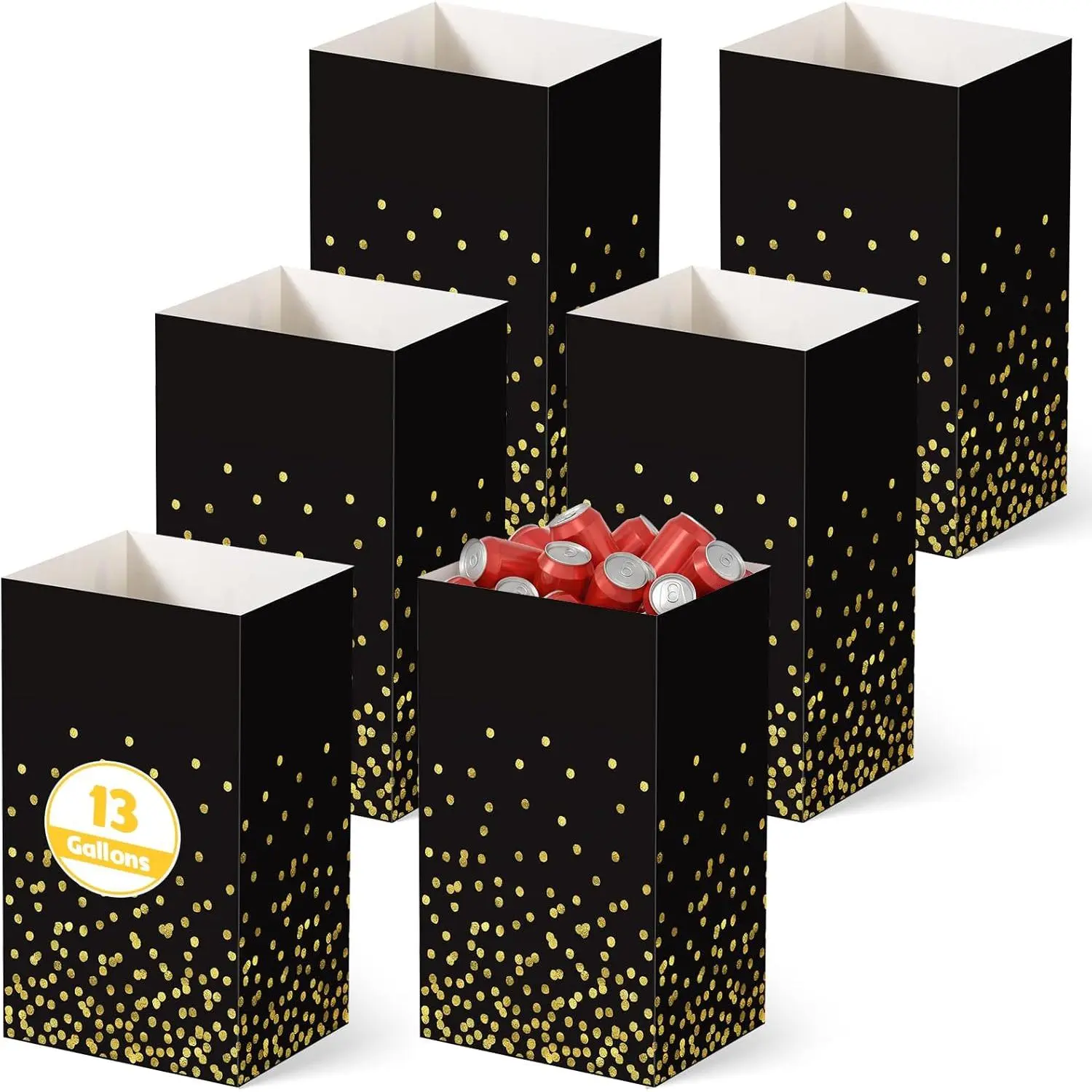 6 Pack 13 Gallon Pop up Trash Cans Black and Gold Disposable Garbage Cans for Party Large Waterproof Trash Can Foldable Bins for Graduation Prom Birthday Anniversary Party Gathering