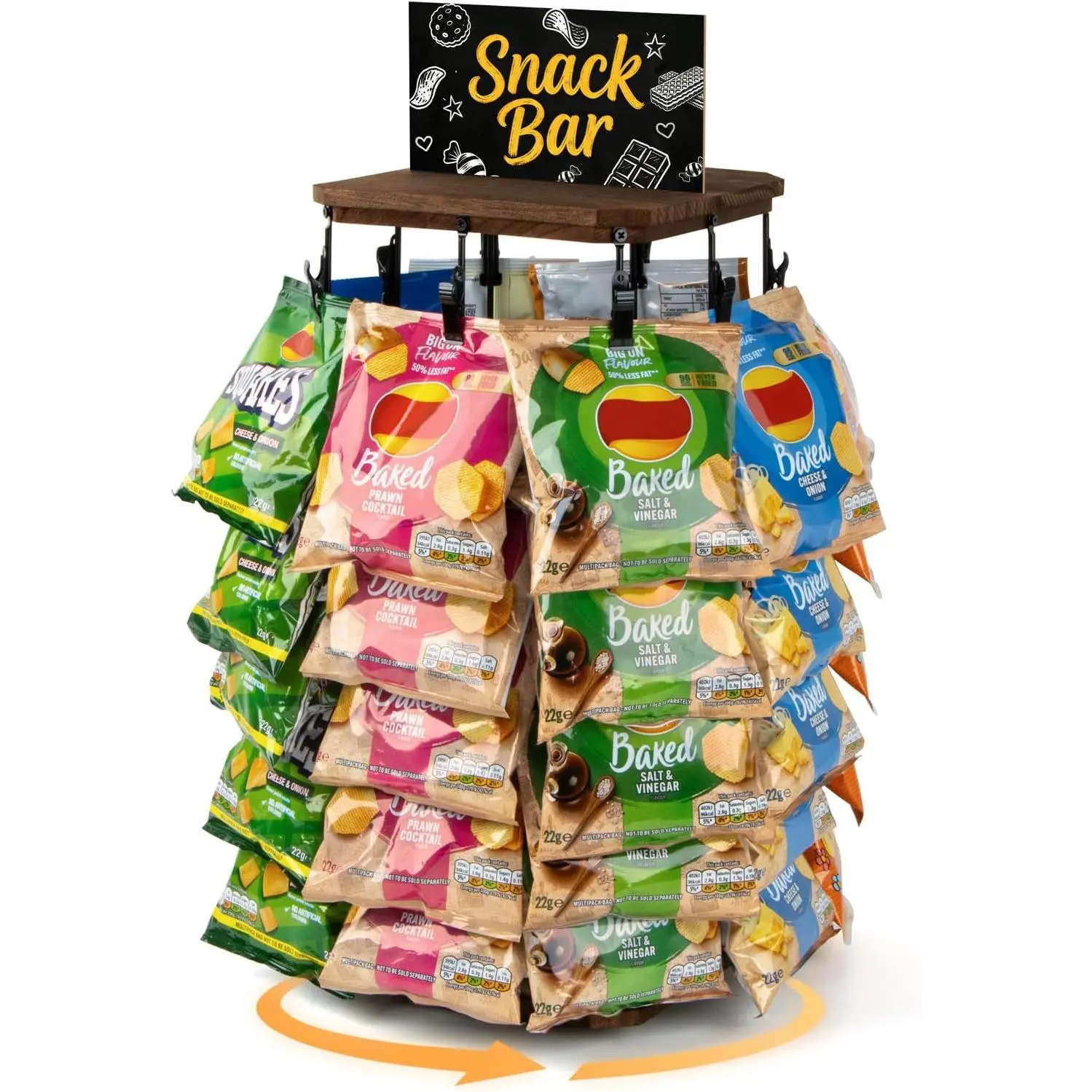 Wooden Chip Rack Display Stand, 5 Tiers 40 Clips Rotating Snack Rack for Office Countertop, Snack Organizer Chip Storage Candy Display for Concession, Party, Retail, with Message Board - Brown