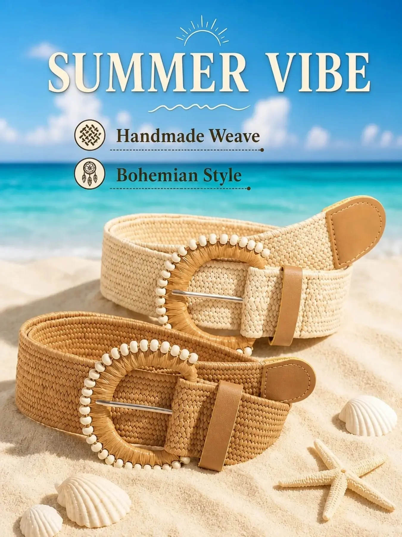 Boho PP Grass Braided Wood Bead Belt, Handmade Elliptical Wood Bead Buckle, Perfect for Summer Beach, Casual Wear, Dress Accessories