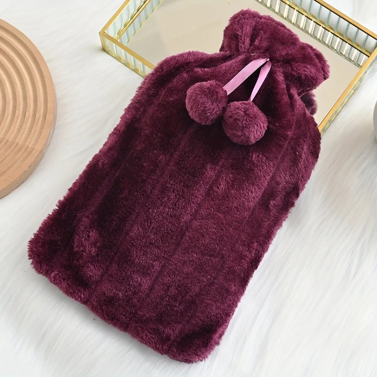 Extra Large 2000ML Plush Hot Water Bottle with Pom-Pom, Thickened Rubber, Reusable Bed Warmer for Women, Comfortable Stomach Wrap