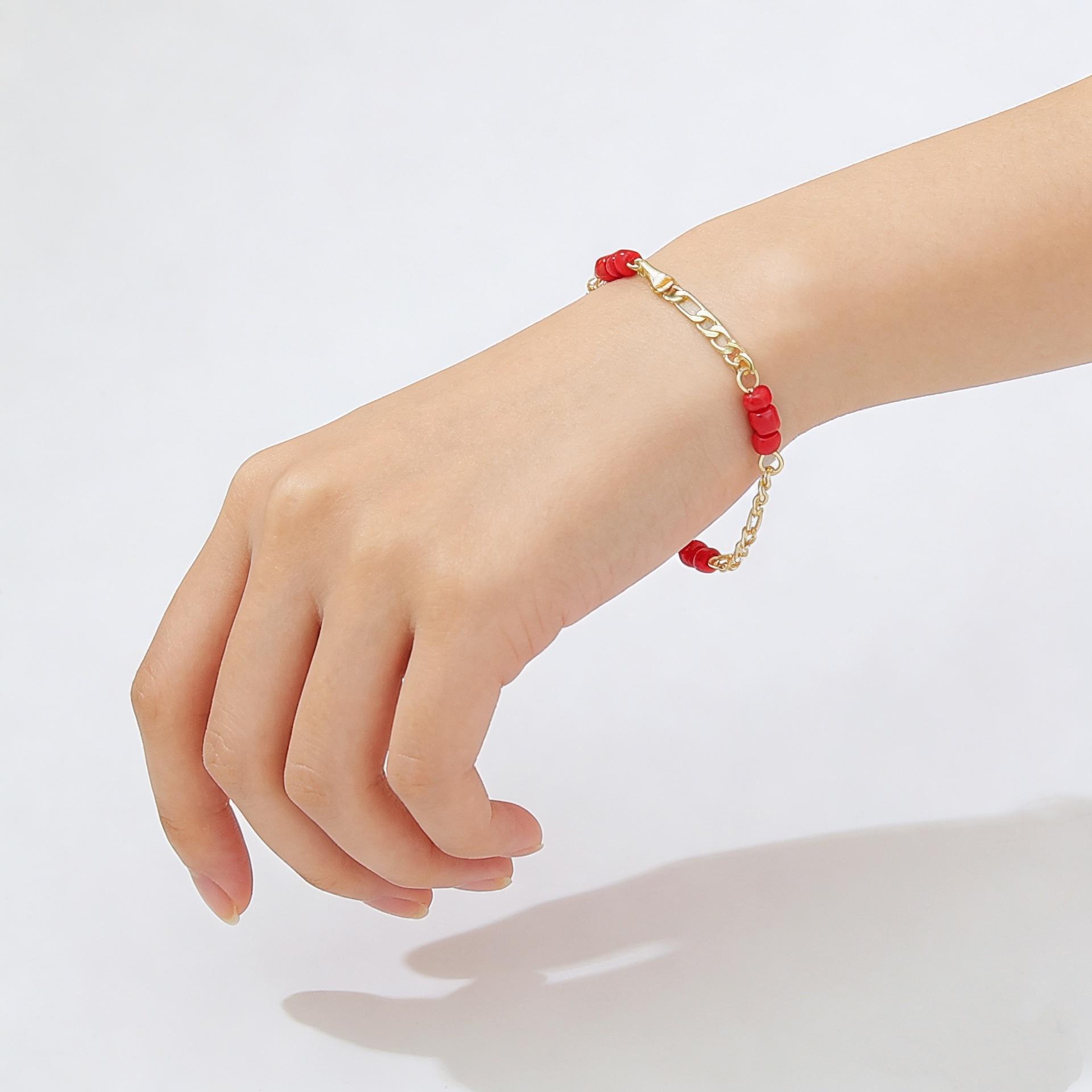 Trending Red Agate Beaded Chain Bracelet, Mixed Design Fashion Jewelry for Women, 18K Gold Plated Brass, Elegant Versatile Stackable Bracelet, Perfect for Daily Wear & Casual Outfits