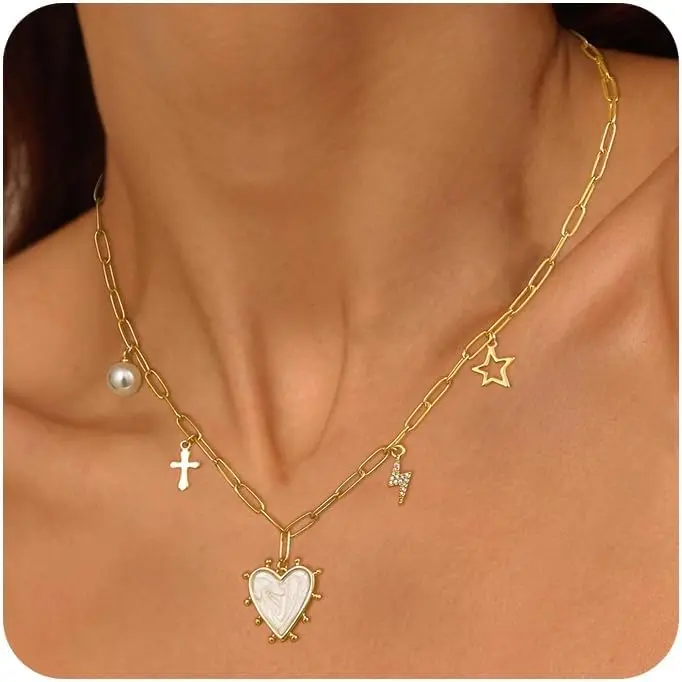 FREEKISS Charm Necklace For Women Trendy Dainty Pendant Thin Paperclip Chain Necklace CZ Heart Choker Necklace Fashion Jewelry Gift For Women backtoschoolshopping