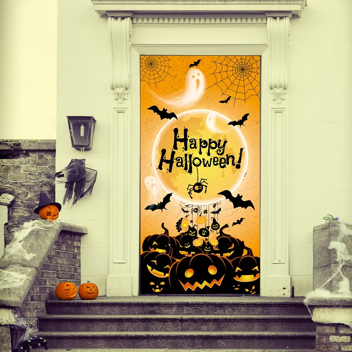 1pc Halloween Decorations Halloween Scary Pumpkin Door Cover 71x35inch