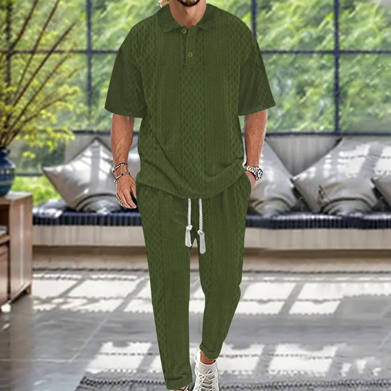 Men's Plaid 2-Piece Set, Casual Short-Sleeve Jacquard Knit Polo & Pants, Plus Size XXL Textured Outfit, Men's 2 Piece Sets, Knitting, Basics, Elastane, Polyester, Spandex, Menswear, Elastic, Loose, Shortsleeve, Fabric