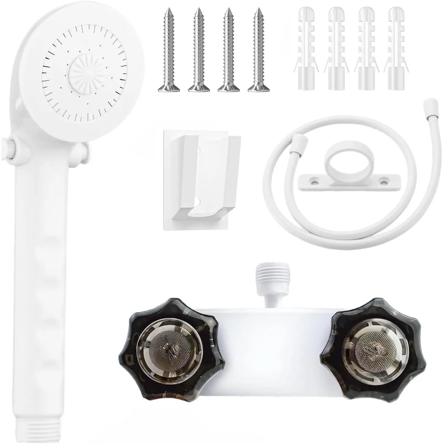 RV Shower Faucet with Showerhead  Kit Soft Hose,Rv Valve Diverter with Two Knob Handles for RV Campers,White Outdoor Shower Faucet with  Off Handheld Showerhead and Valve Diverter(White)