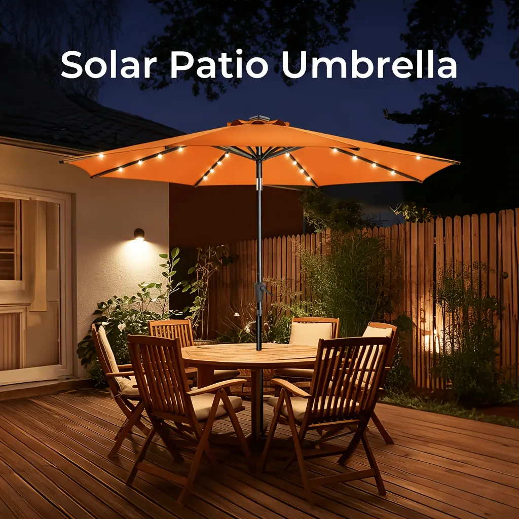 9FT Solar Outdoor Patio Umbrella, with 32 LED Lights, Market Yard Umbrella, Patio Table Umbrella with Push Button Tilt And Crank, for Commercial, Residential, Pool, Beach, with 8 Sturdy Ribs, Patio Umbrella And Base (Base Need Purchased Separately)