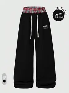 Viral Y2K loose sports pants | Double waisted high waisted wide leg streetwear, soft and comfortable fabric, with star pattern and drawstring, daily OOTD casual aesthetic pants, Double Waisted Sweatpants