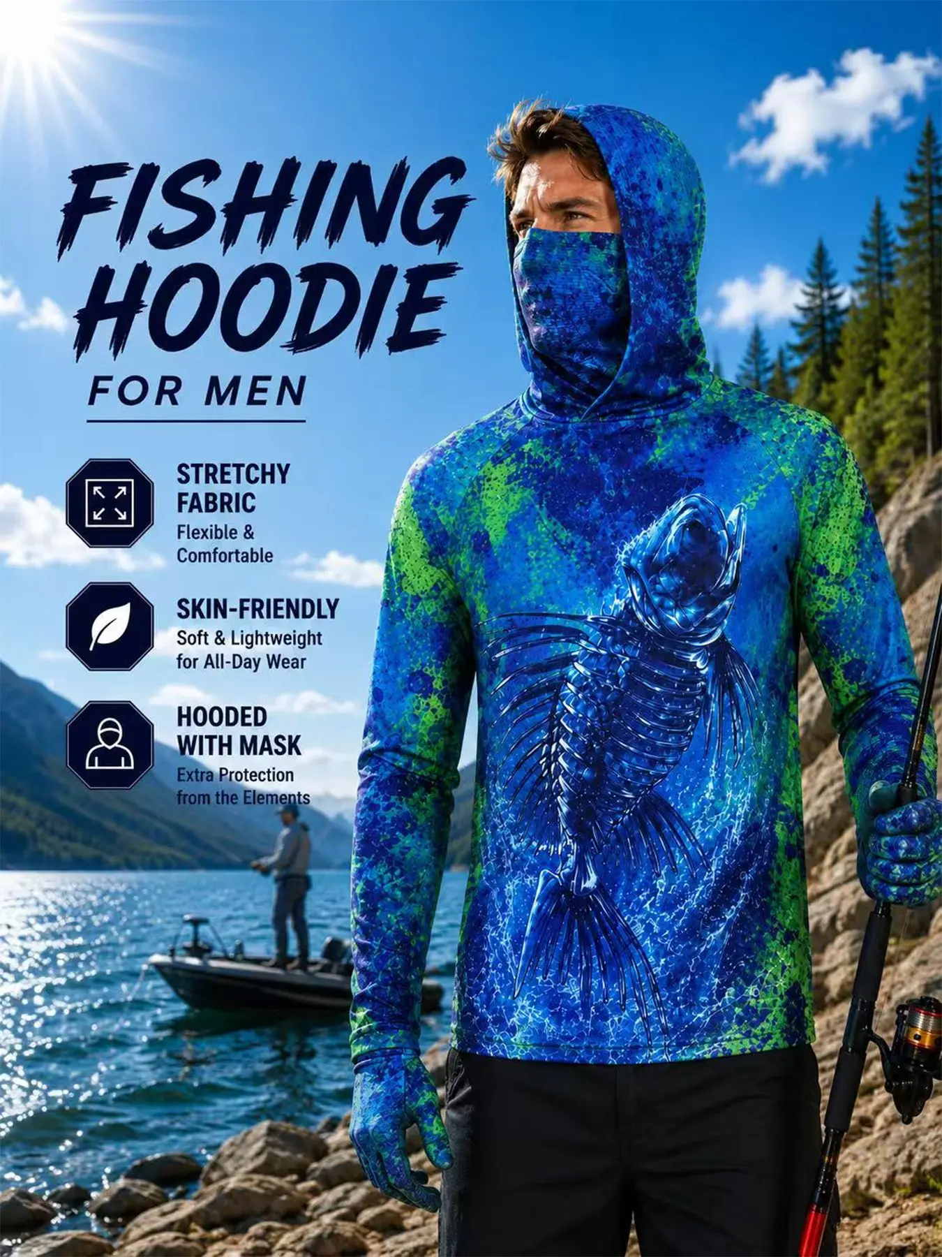 Men's Sun Protection Fishing Hoodie, Quick-Dry Long Sleeve Sportswear, Breathable Mesh Fabric, Ideal for Surfing, Hunting, Running, Climbing
