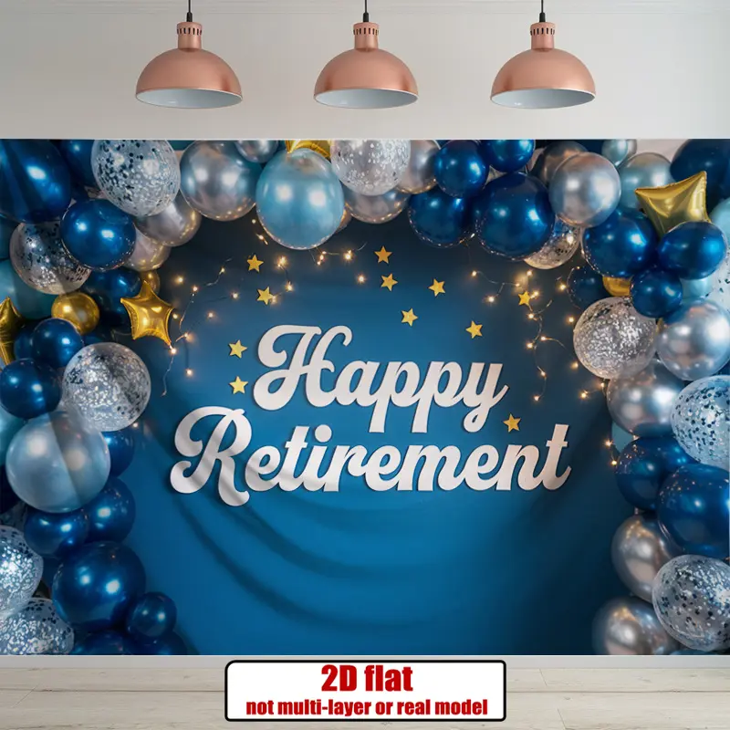 Happy Retirement Party Banner, Unisex 1-Piece 2D Flat Durable Polyester Cordless Decor with Gold Stars & Blue Prints, Indoor Wall Decor for Home Festive Backdrops, One-Piece