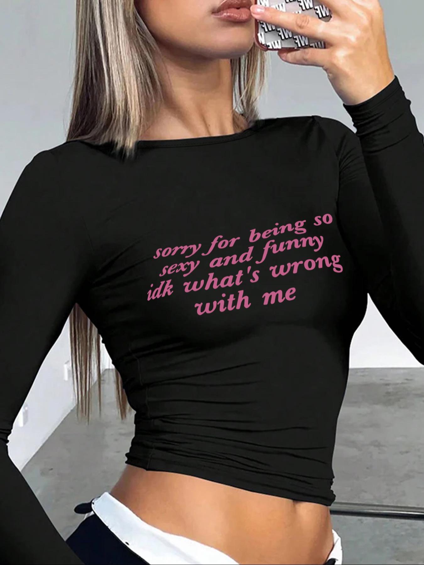 Women's Letter Print Round Neck Tee Top, Y2K Trendy Casual Long Sleeve T-shirt for Daily Wear, Ladies Clothes for All Seasons