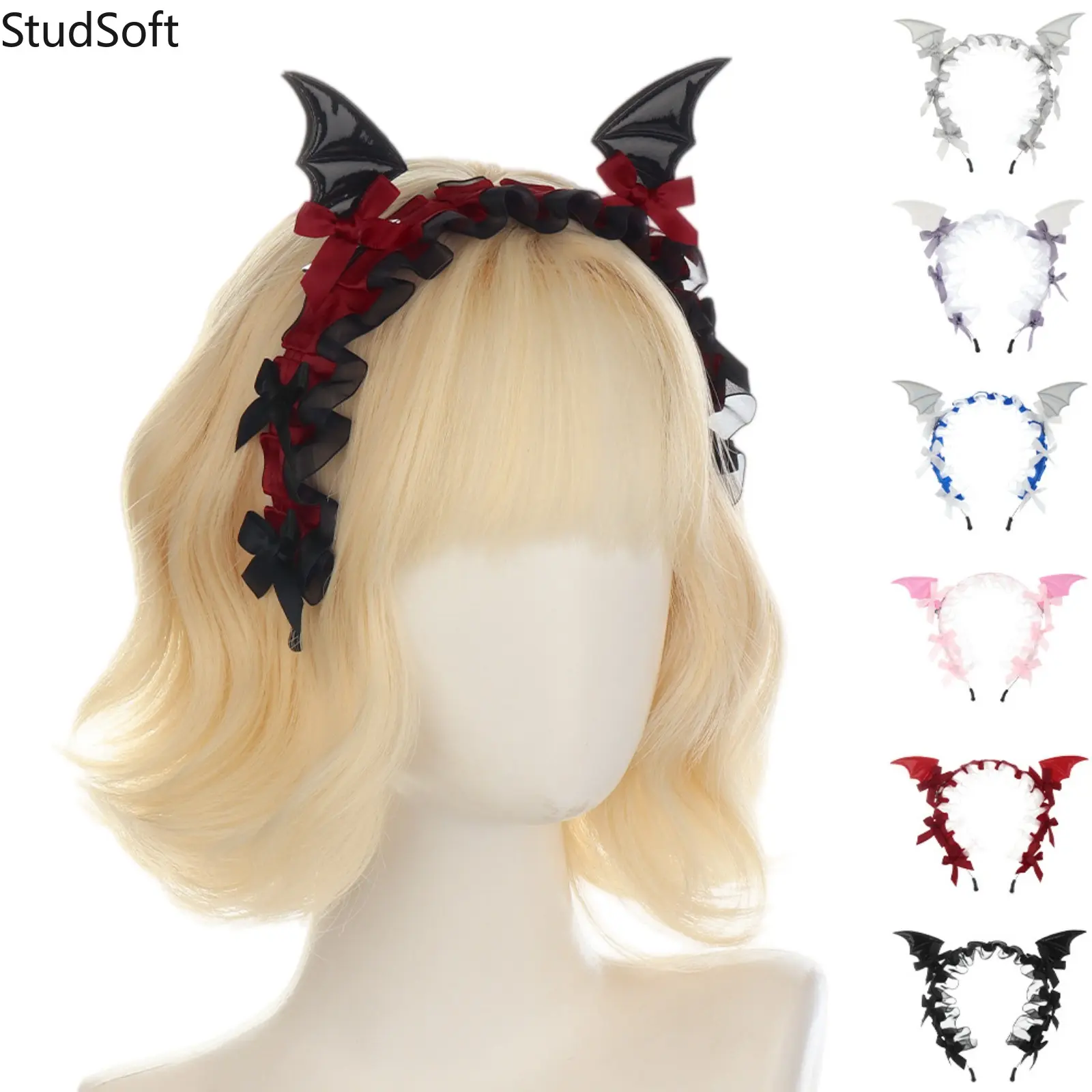 Gothic Lolita Bat Wings Headband, Vintage Ribbon Bows Lace Ruffle Hairband, Cute Headwear Multi Color for Halloween Costume Party Accessories