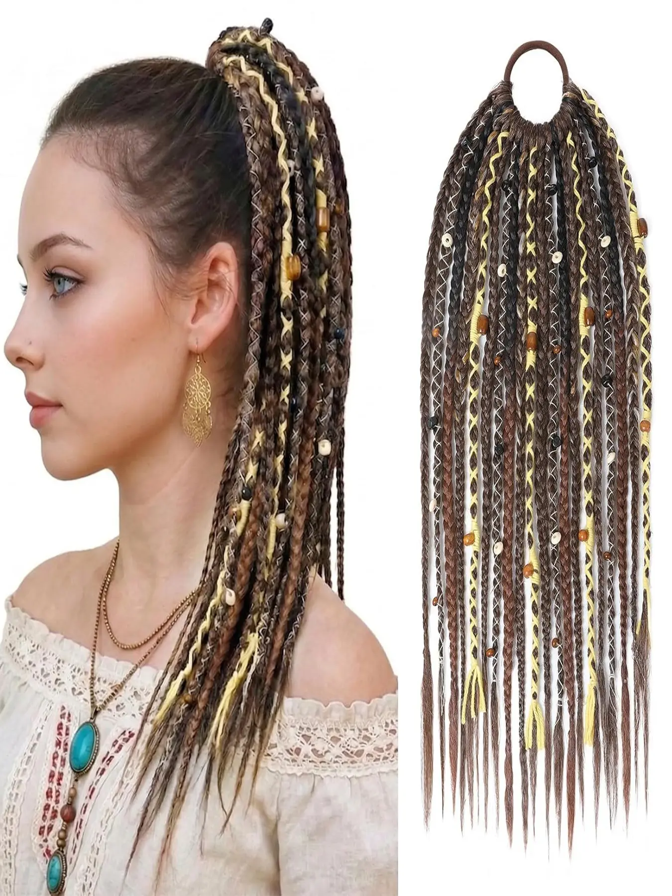 Boho Braided Ponytail Extension on Hair Tie, Hair Extensions, 16" Full Volume Lightweight Synthetic Curly Viking Dreadlock Braid, Festival Hair Accessories for Women Girls, Braids Ponytail Extension