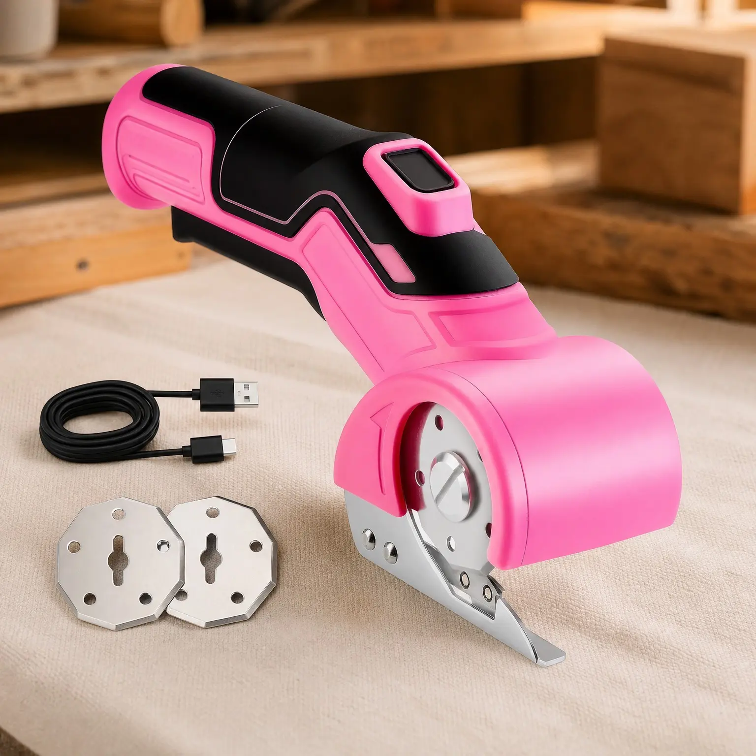 Cordless Electric Scissors Cardboard Cutter: 4V 2000mAh Electric Box Cutter, Rechargeable Power Rotary Cutter with Safety Lock, 389g Carpet Cutter with 2 Blades, Type-C Charging (Pink)Gift