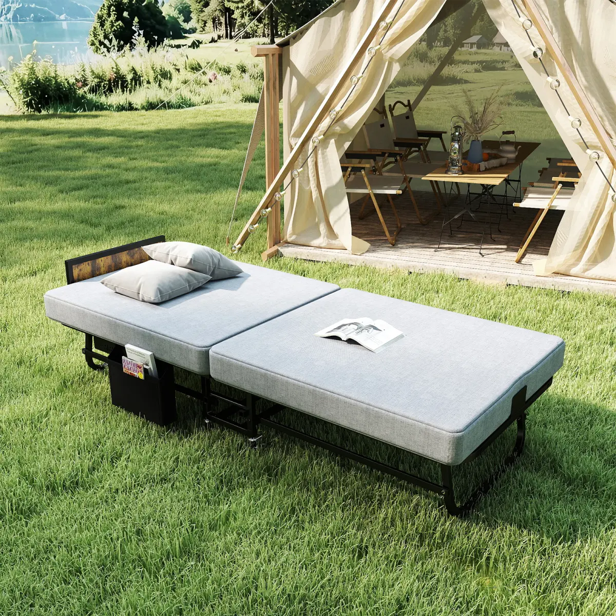 78"*31" Folding Bed with Headboard & USB Charging Station, 3" Memory Foam Rollaway Bed with Storage Pocket, Heavy-Duty Portable Guest Bed on Wheels, Ideal for Guests, Office Naps & Camping
