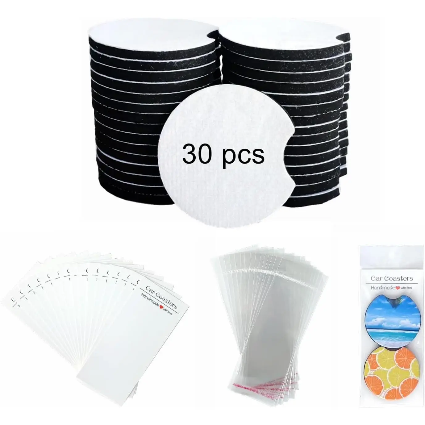 60 count Sublimation  Coaster Blanks, 2.75" Round Coasters with Packaging | 30 count 250GSM Fabric Blank  Coasters for  Transfer, 15 White Cards & 15 Bags for Retail DIY Crafts Personalized Gifts