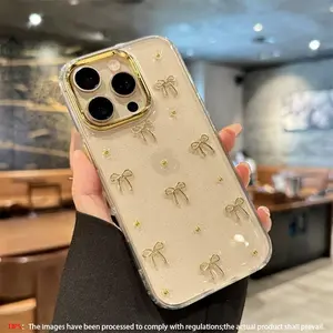 For apple/ Iphone 17 16 15 14Plus 13 Pro Max Cute 3D Gold Frame Gold-plated Bow Glitter Drip Transparent Protective Phone Case with Soft Epoxy Shockproof Case, Shockproof protective covers