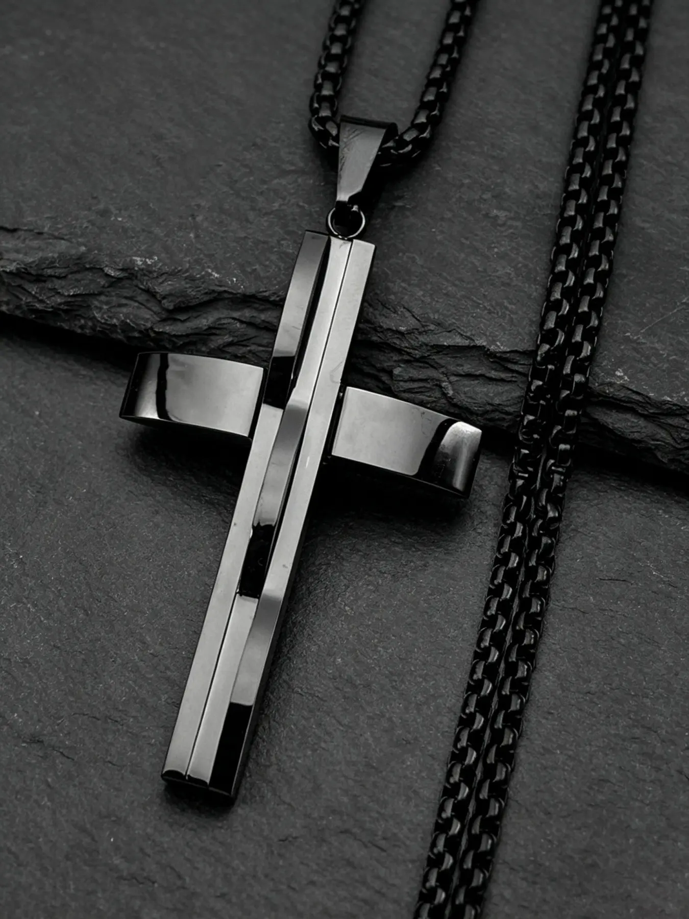 Christian Religion Simple Cross Pendant Necklace for Women Men Stainless Steel Black Color Amulet Chain Necklaces Jewelry Gift