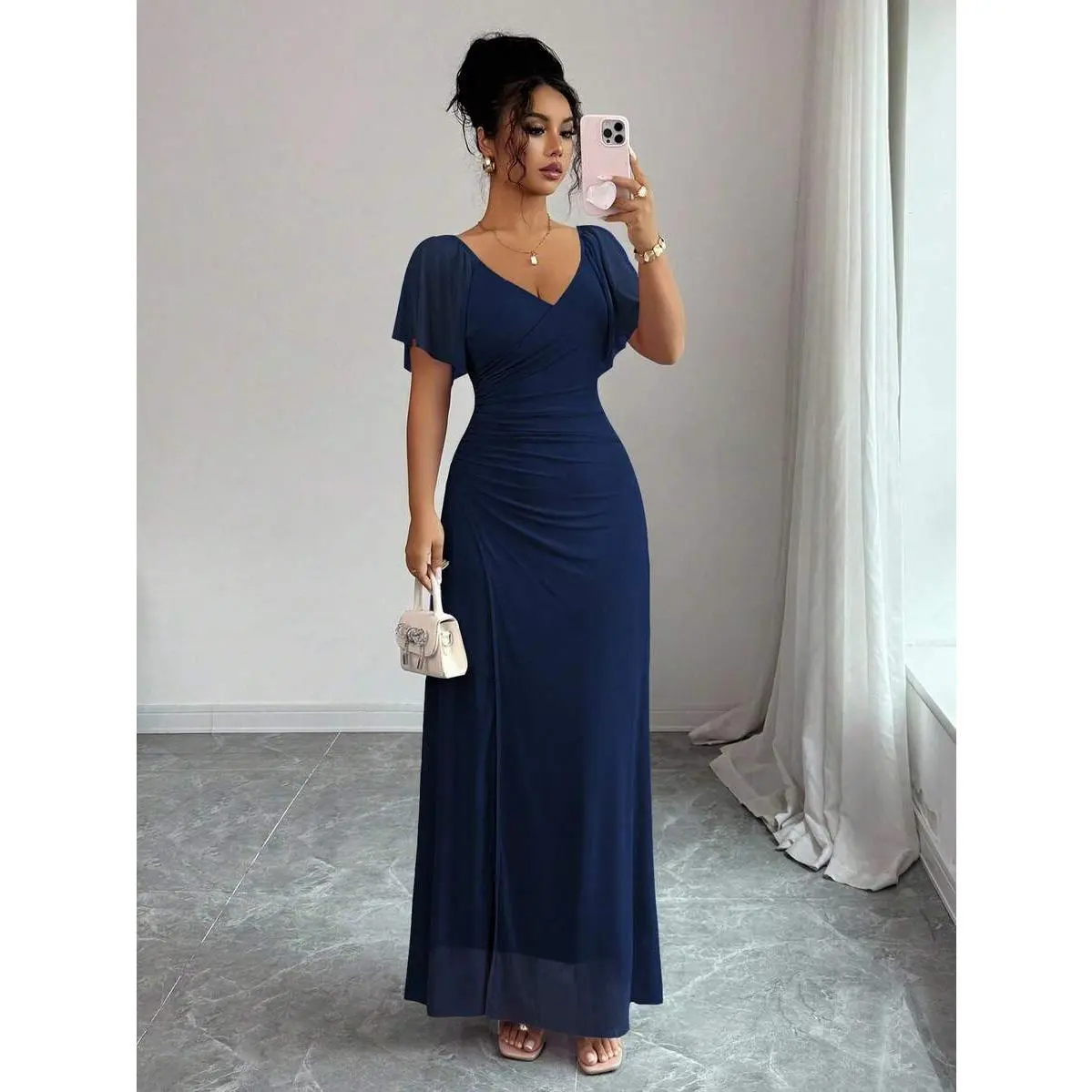 Women's Light Purple V-Neck Ruffle Sleeve Pleated Waist Split Dress, Elegant Bridesmaid Dress, Party Gown, Spring/Summer