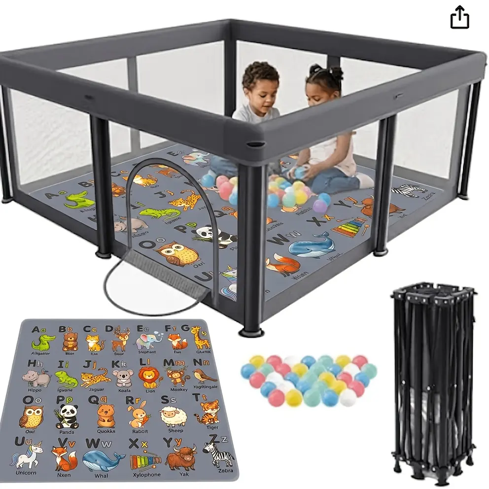 Large Baby Playpen, 50x50 Inch Foldable Indoor & Outdoor Play Area for Babies and Toddlers with Visible Mesh & Silicone Panels, Dark Gray