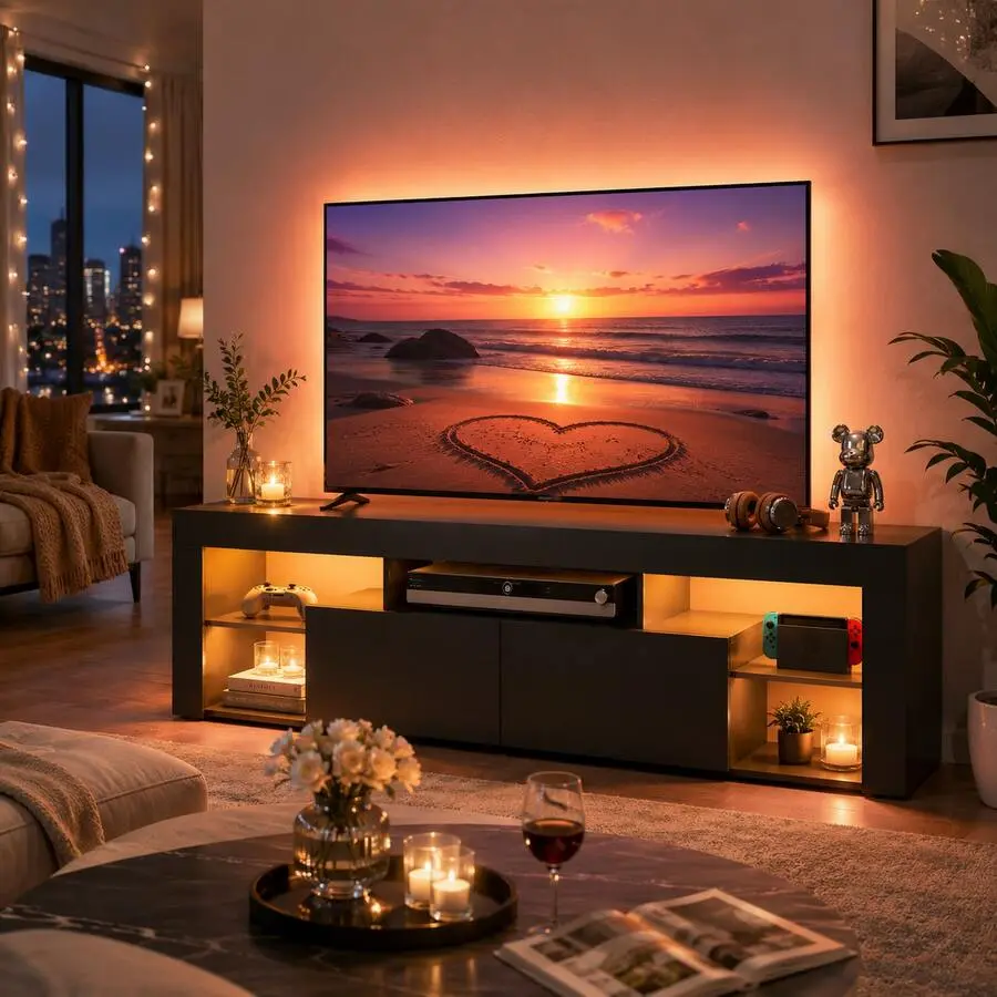 65-70 Inch LED TV Stand, Modern TV Console, Entertainment Center With 2 Storage Drawers, Wood Media Cabinet For Living Room, Gaming Room, Bedroom