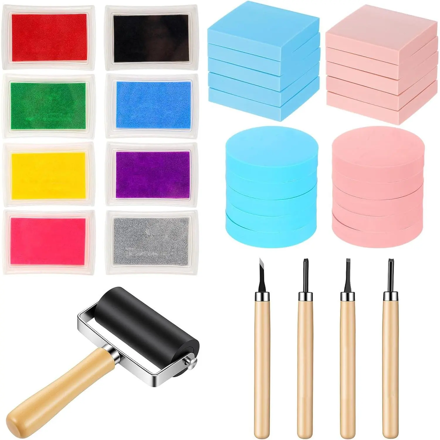 32 Pcs Rubber Stamp Making Kit Block Printing Linoleum Carving Tools with 8 Blocks Pink Rubber Block and Rubber Brayer Roller for DIY Crafts