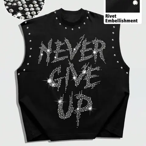 Men's American Street Style Casual Fashion, "Never Give Up" Rhinestone and Rivet Design, Loose Fit, Geometric Aesthetic Letter Print Vest Summer Clothing, Streetwear