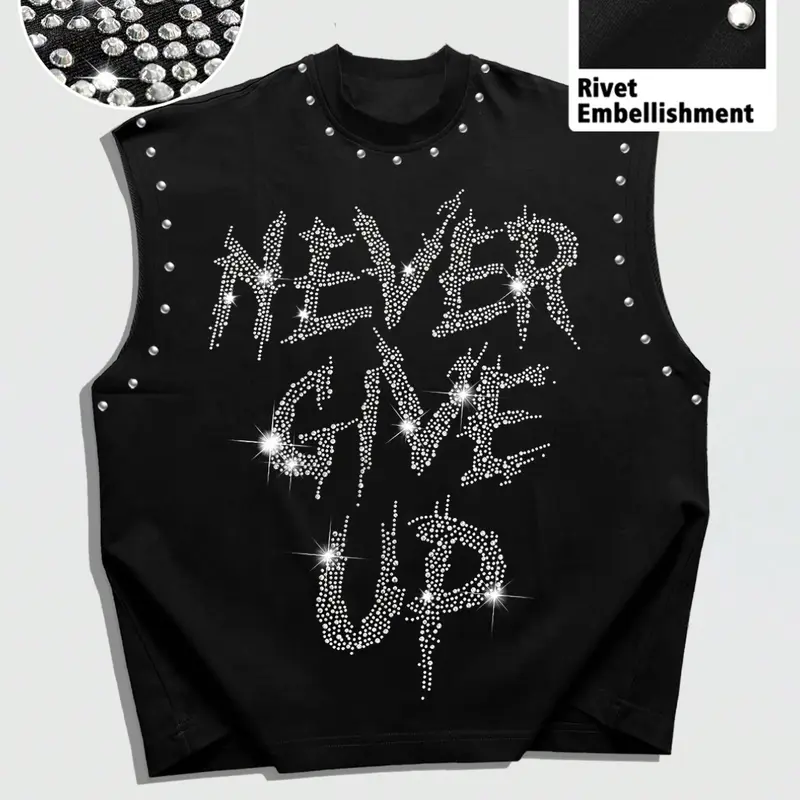 Men's American Street Style Casual Fashion, "Never Give Up" Rhinestone and Rivet Design, Loose Fit, Geometric Aesthetic Letter Print Vest Summer Clothing, Streetwear