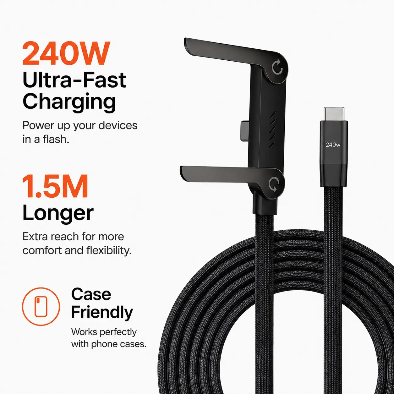 240W Super Fast Charging Charger — Integrated 360° Rotating Stand — 1.5m 2-in-1 Data/Charging Cable + Stand — Zinc Alloy Braided Cord — Type-C & Lightning Compatible with Apple iPhone 12/13/14/15/16/17 Pro Max/Pro/Air, Samsung Galaxy Android Phones