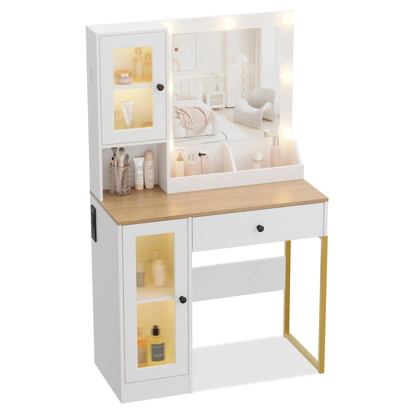 Modern Makeup Vanity Desk with Mirror - RGB Lights - Built-in USB Charging Station - 2 Acrylic Door Cabinets - Open Storage - Adjustable Metal Wooden Bedroom Table - Ideal Gift for Girls, Built-In Charging Station