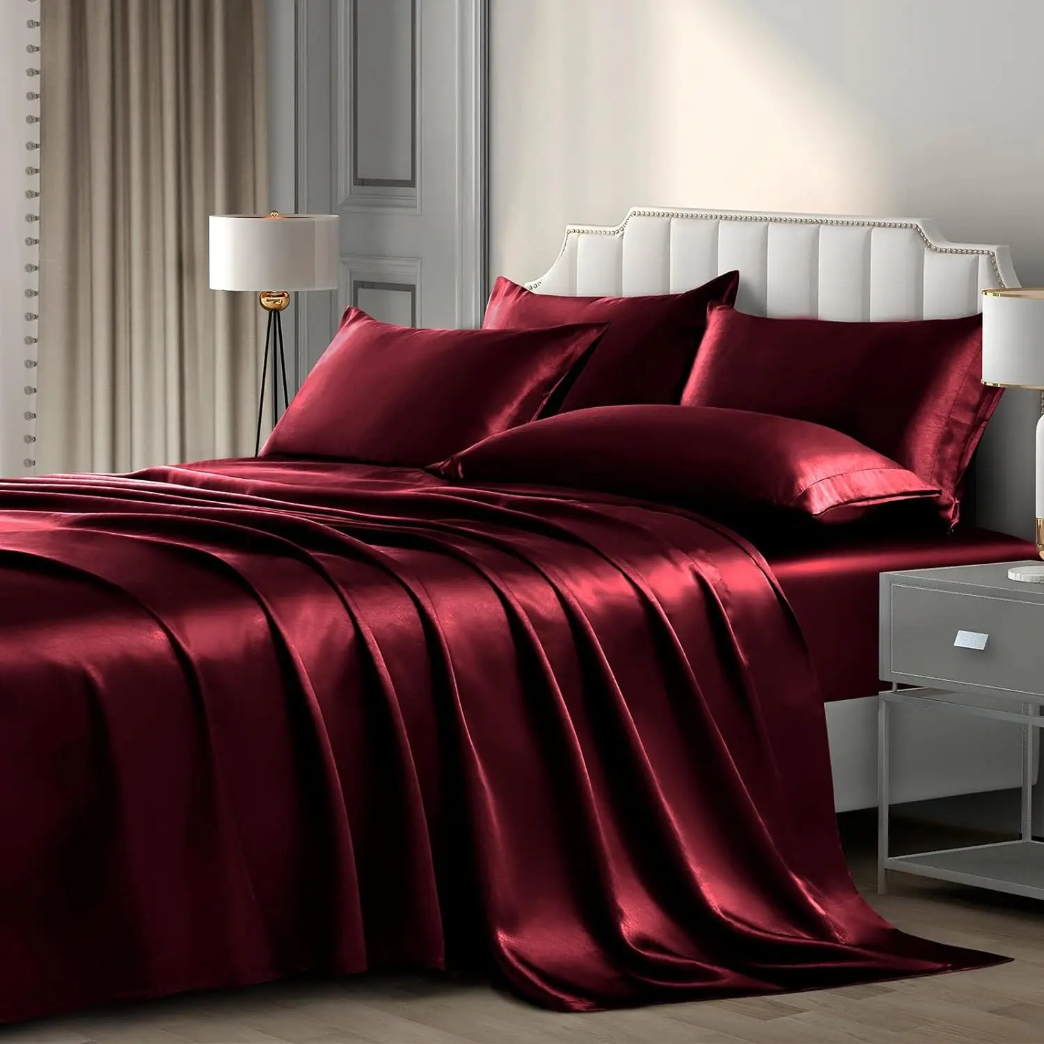 6 Pieces Queen Satin Sheets Luxury Silky Burgundy Satin Bedding Sheet Set, 1 Deep Pocket Fitted Sheet + 1 Flat Sheet + 4 Pillow Cases