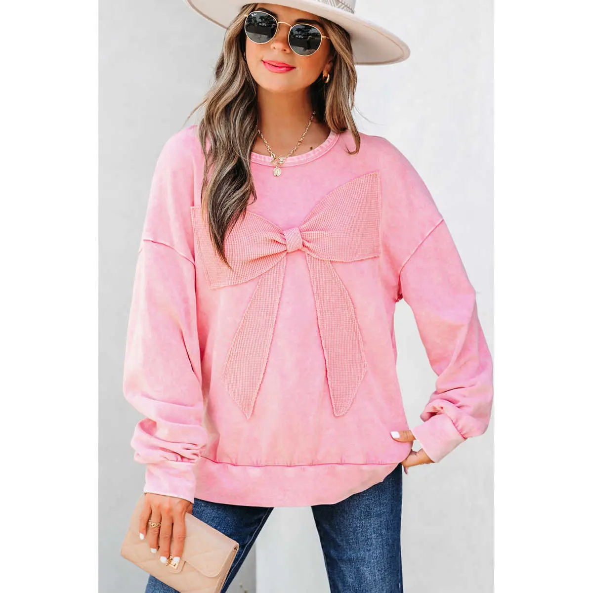 Bright Pink Mineral Wash Big Bow Patchwork Pullover Sweatshirt
