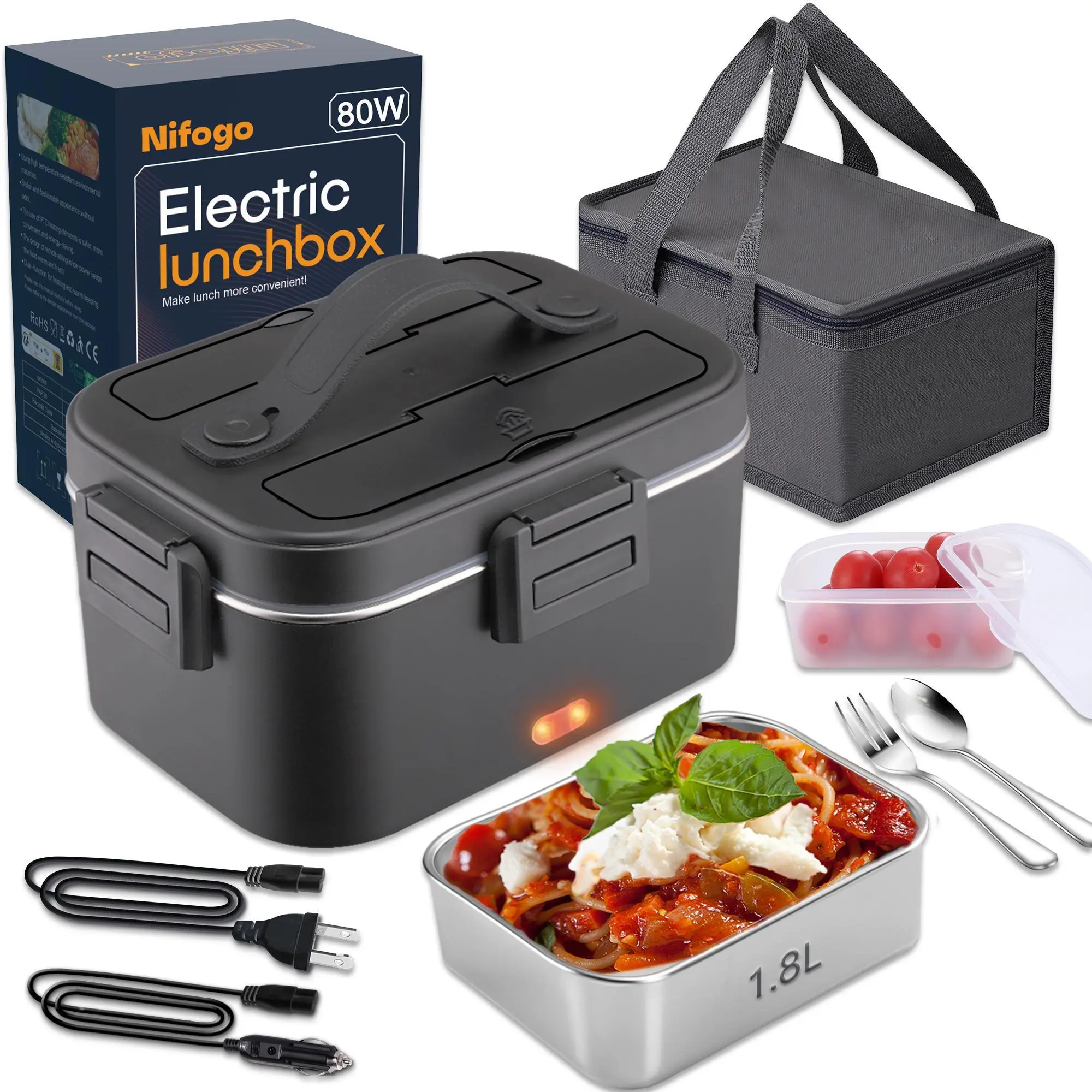 Electric Lunch Box Food Heater for Adults, Heated Lunch Box 12V/24V/110V Portable Food Warmer for Car/Truck/Office 1.8L Removable Stainless Steel Container with Fork Spoon and Bag