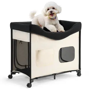 VEVOR L Beige Elevated Lounge Pet Bed - Foldable Bunk Dog Bed with 600D Oxford Cloth, Dutch Velvet, Steel Frame, Waterproof Surface, 100 lb Capacity, Wheels, Side Storage Bags, Portable Carry Bag for Dogs & Cats (13.22 lb Weight)