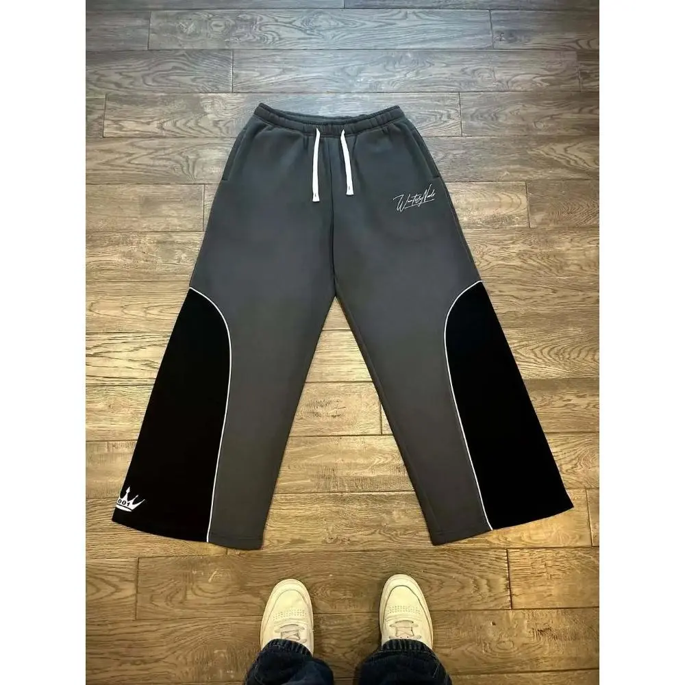 Trendy Wide Leg Sweatpants with Patchwork Letter Embroidery Drawstring Elastic Pockets American Style Sports Pants