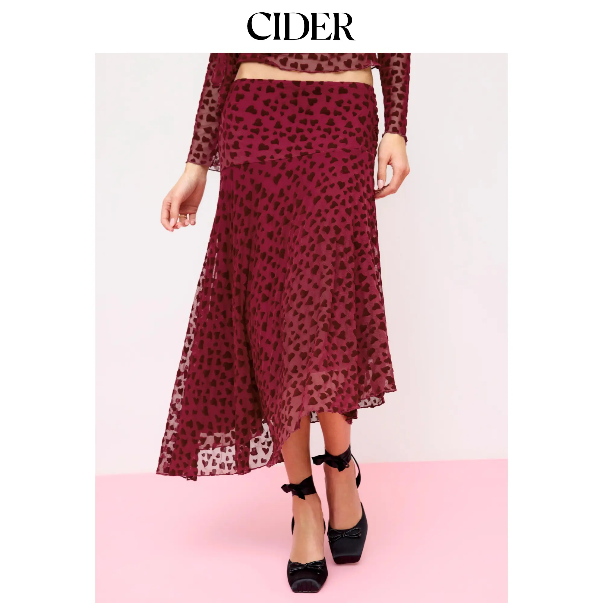 Cider Mesh Flocking Heart Asymmetrical A-line Maxi Skirt