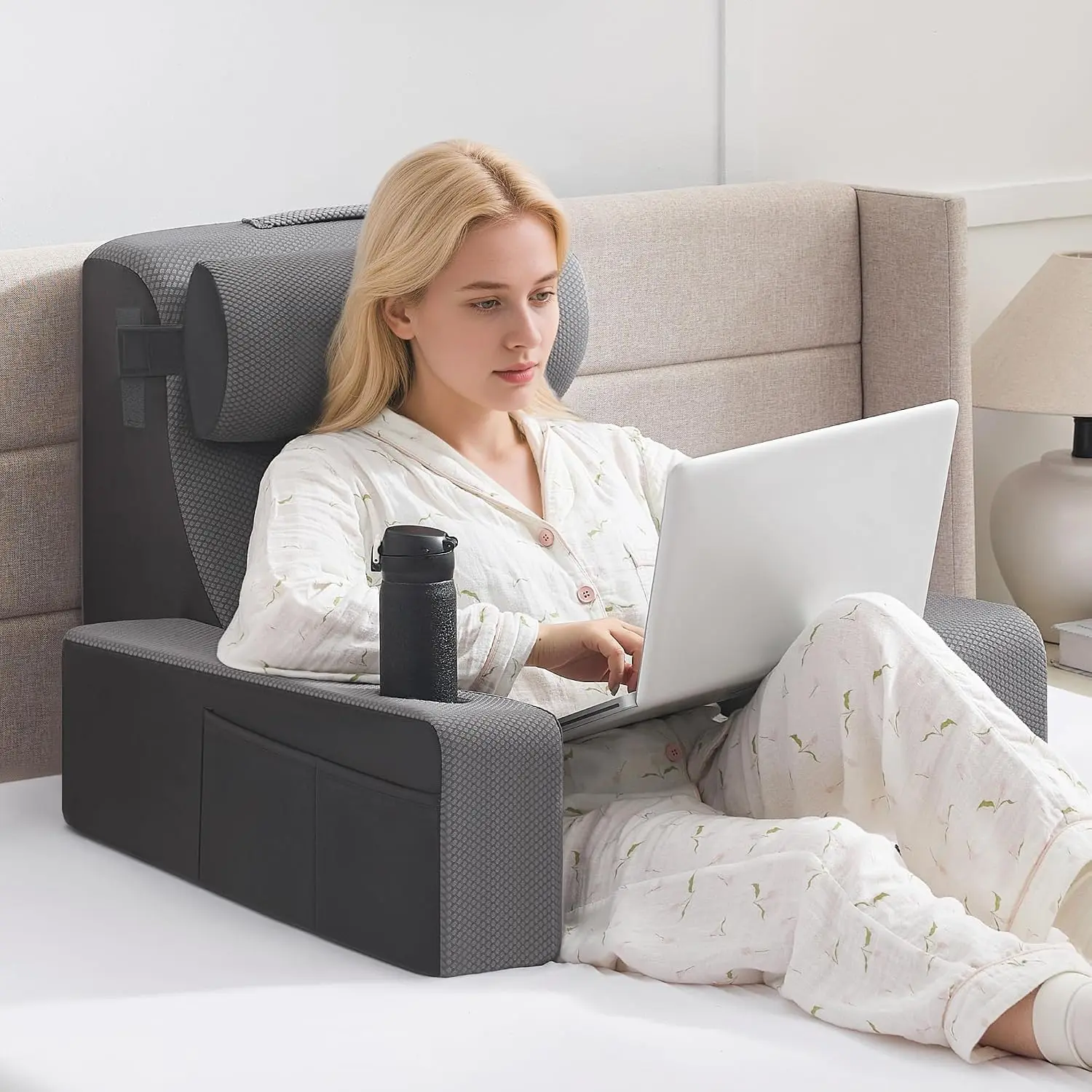 Reading Pillow for Bed,  Pillow for Bed Sitting Up, Bed Pillows for Sitting Up with Adjustable Armrests, Cup Holder & Large Pocket, Backrest Cushion for Reading, Watching TV (Dark Grey, 4 count)