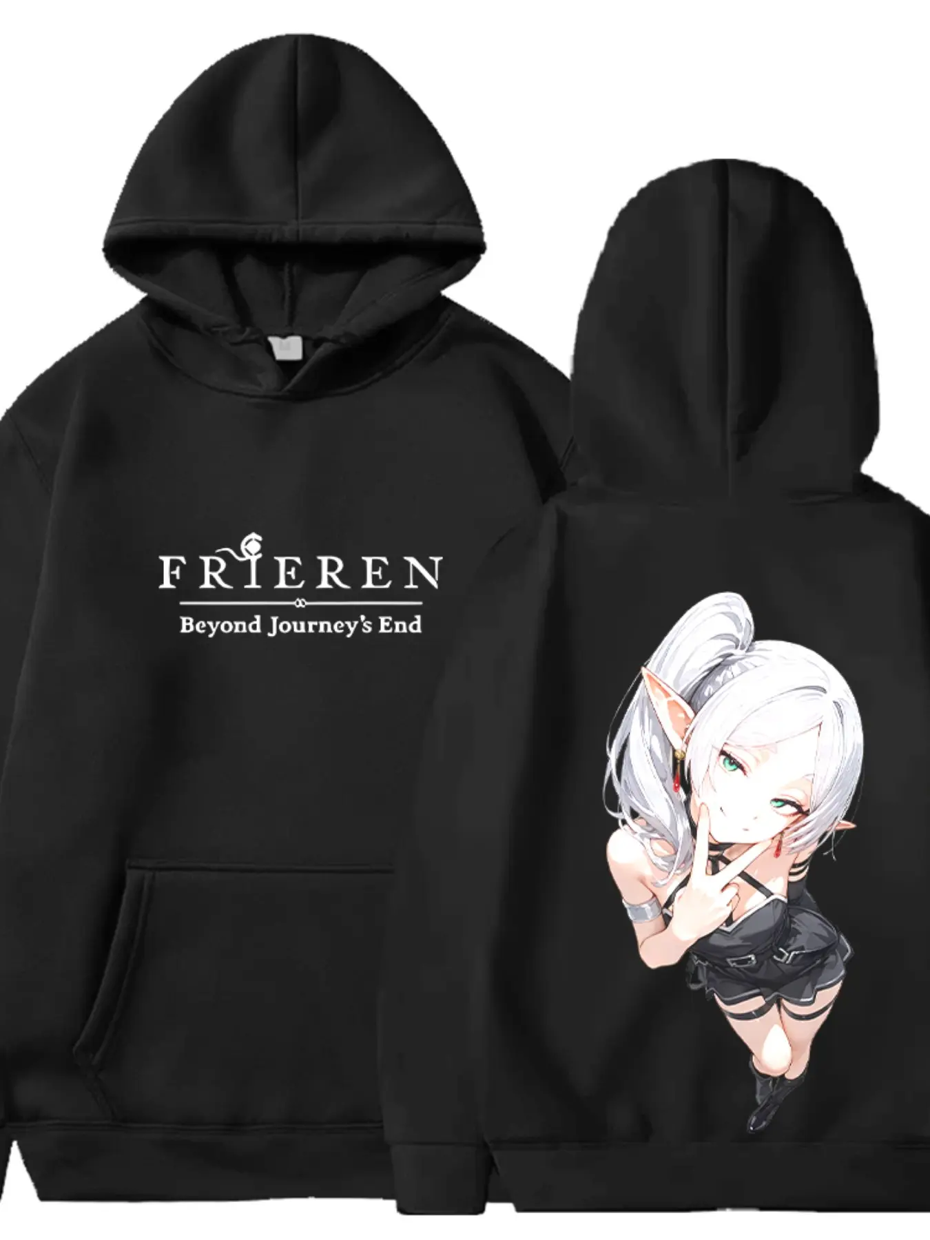 Trendy Anime-Inspired Hoodie, Dual Ponytail Frieren Print, Loose-Fit Casual Sweatshirt, All-Seasons Comfortable Top, Front and Back Design