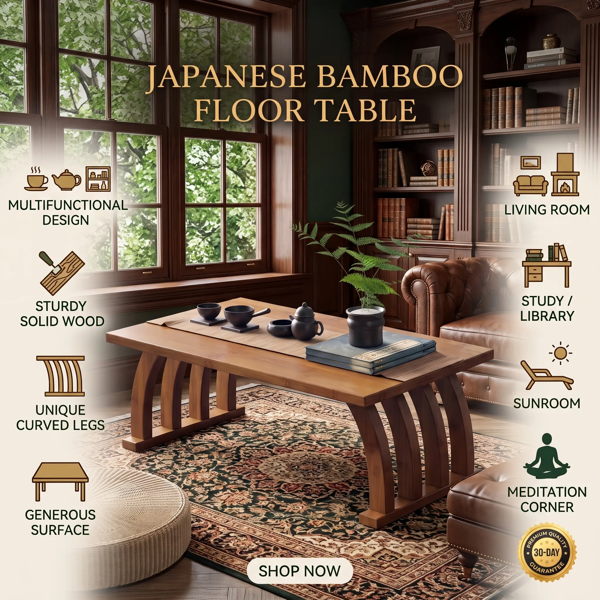 Bamboo Japanese Floor Table, Low Coffee & Tea Table with Tatami-Style Design, Compact Floor Sitting Table for Living Room, Bedroom, Meditation, Reading & Casual Dining, Space-Saving Home Furniture