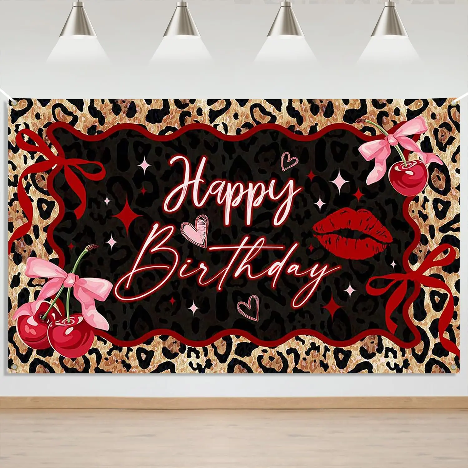 Cherry Birthday Banner -  Print Happy Birthday Backdrop Decorations, Leopard  Birthday Party Decor Supplies for Girls Women